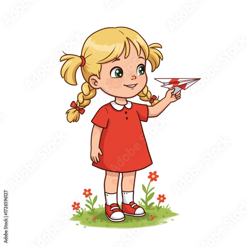 Cartoon girl with blonde pigtails in red dress holding a paper airplane.