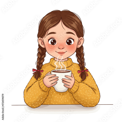 Cartoon girl with brown braids holding a steaming mug in a yellow sweater.