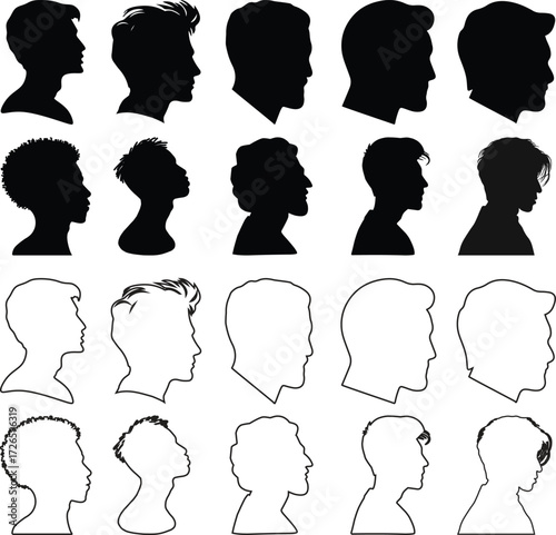 User profile icon set. Profile, people silhouette, person, avatar, sign up button vector collection.Black silhouette avatar collection of men heads, profile icons, human face outline, vector design