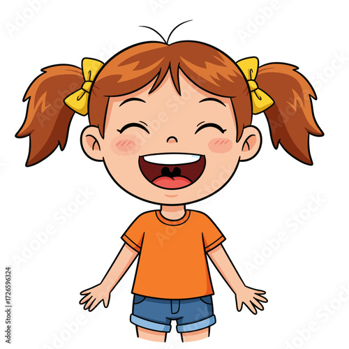 Cartoon girl with brown hair yellow bows orange shirt and denim shorts laughing.
