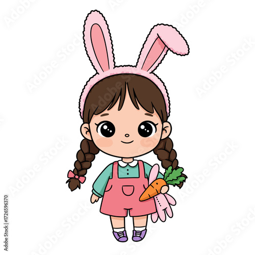 Cartoon girl with bunny ears pink overalls holding carrot and bunny plush.