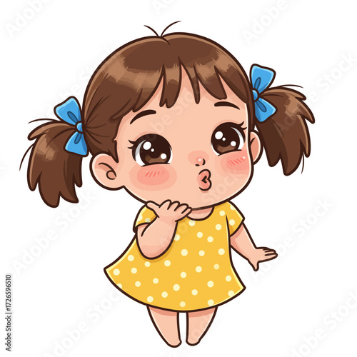 Cartoon Girl with Pigtails Blue Bows Yellow Polka Dot Dress and Kissing Face.