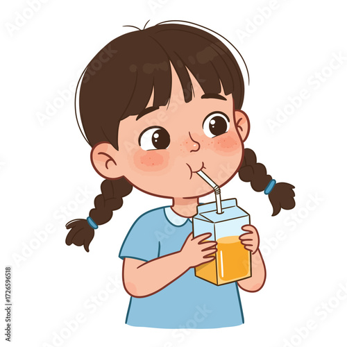 Cartoon girl with pigtails drinking juice from a carton with a straw.