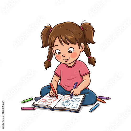 Cartoon girl with pigtails drawing in a book with colorful crayons.