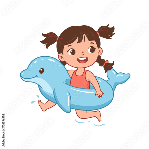 Cartoon girl with pigtails in a dolphin inflatable smiling happily.