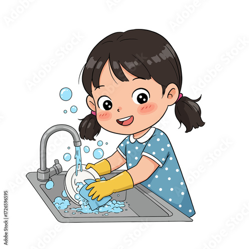 Cartoon girl with pigtails washing dishes with yellow gloves and blue polka dot dress.