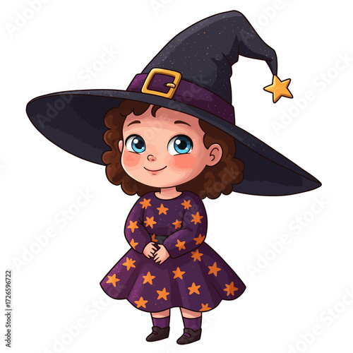 Cartoon Witch Girl with Star Dress and Pointed Hat with Buckle and Star Charm.