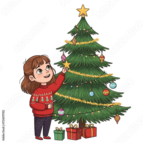 Girl Decorating Christmas Tree with Star Ornament Wearing Red Sweater.