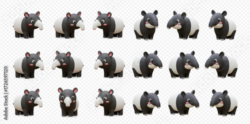 A grid of cartoon tapirs facing different directions against a transparent background.