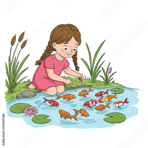 Girl in Pink Dress Feeding Colorful Koi Fish in a Pond Illustration.