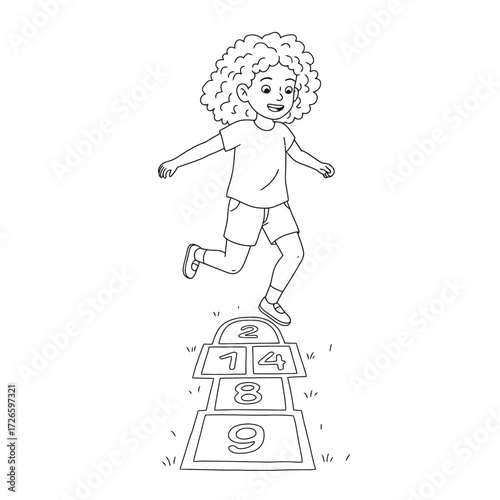 Girl with curly hair playing hopscotch jumping over numbered squares outline drawing.