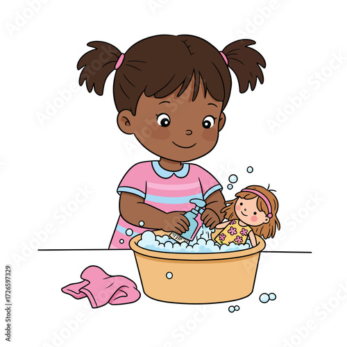 Girl with pigtails bathing her doll in a tub with soap and bubbles.