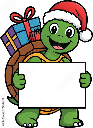 Christmas Turtle with Santa Hat Holding Blank Sign and Gift