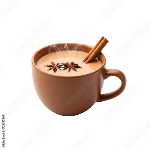 Steaming Cup of Chai Tea with Star Anise and Cinnamon Sticks hot drink beverage