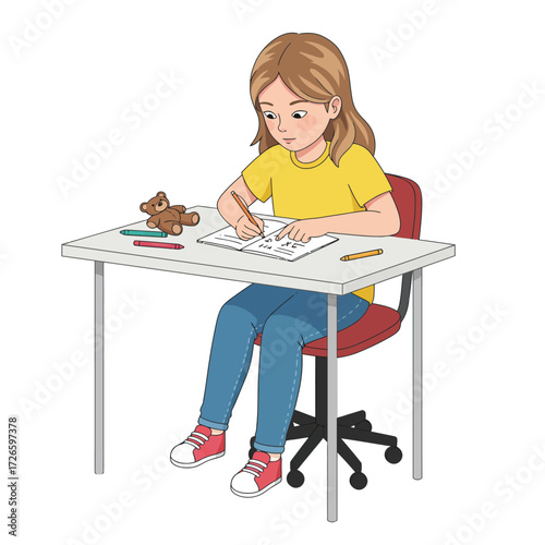 Girl writing at desk with teddy bear wearing yellow shirt and blue jeans.