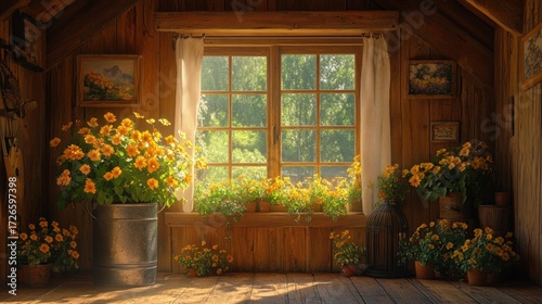 Sun-drenched attic room with yellow flowers