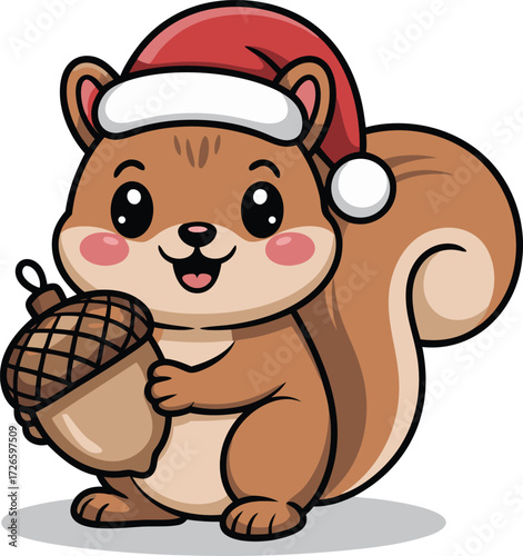 Cute Christmas Squirrel with Acorn – Holiday Cartoon Illustration for Kids