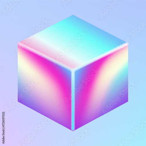 3d holographic geometric primitive shape. Glossy holographic geometric shape. Iridescent trendy design, thin film effect. Vector