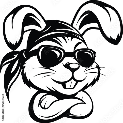 Cool monochrome rabbit with sunglasses and arms crossed exudes a confident attitude