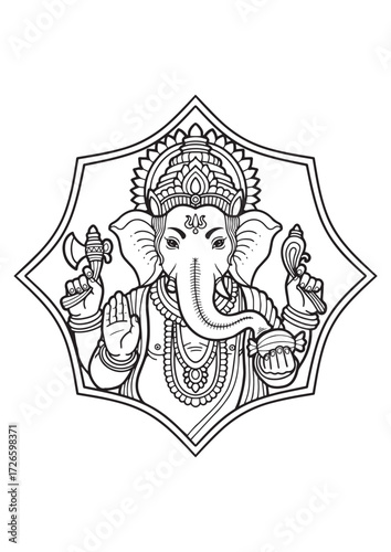Intricate Line Art of Lord Ganesha with Sacred Symbols