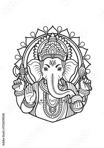 Intricate Line Art of Lord Ganesha with Sacred Symbols