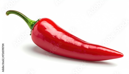 Single red chili pepper against white background