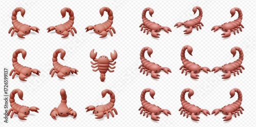Multiple cartoon scorpions are arranged in rows, facing different directions, including one facing forward.