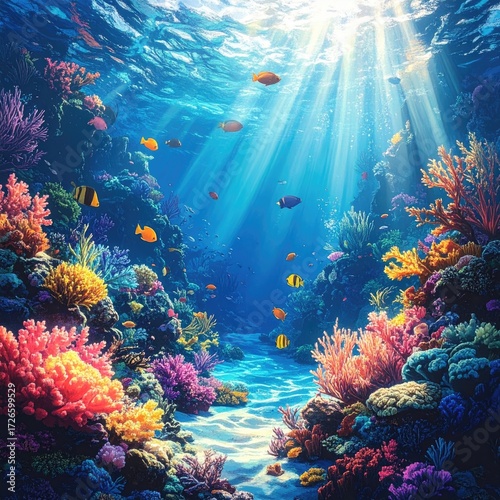 Vibrant coral reef scene under sunlit water