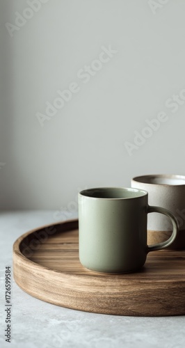 Wallpaper Mural Muted-toned mugs on a wooden tray Torontodigital.ca