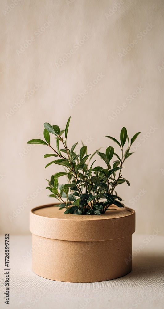 Fototapeta premium Small plant in a light brown cardboard box on a light beige background