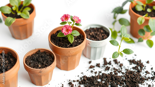 Clay flower pots and soil, isolated on white