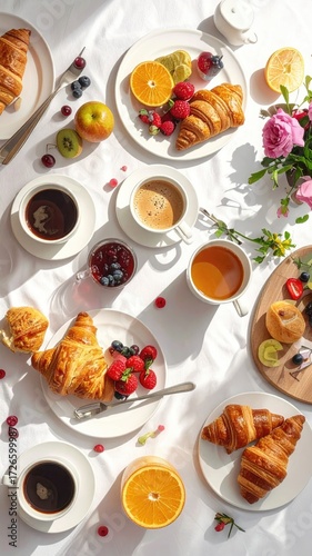 A beautiful array of breakfast items on a white tablecloth