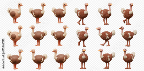 Collection of stylized cartoon ostrich figures in various poses, standing and walking.