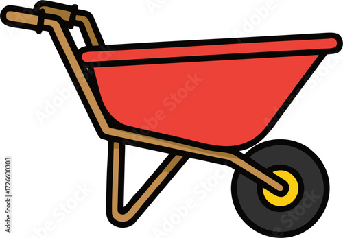 Cartoon Wheelbarrow with Red Bed and Brown Handles, Isolated on White