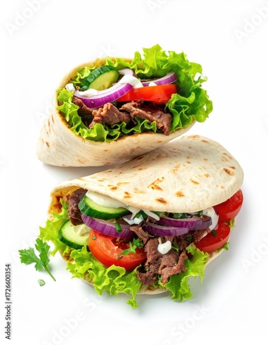 Two pita sandwiches filled with meat, vegetables, and sauce