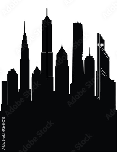 Silhouette of a modern city skyline isolated on white background, depicting urban development, architecture, and the dynamic energy of metropolitan areas