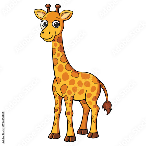 Cute cartoon giraffe with large eyes stands tall and radiates childlike happiness gracefully