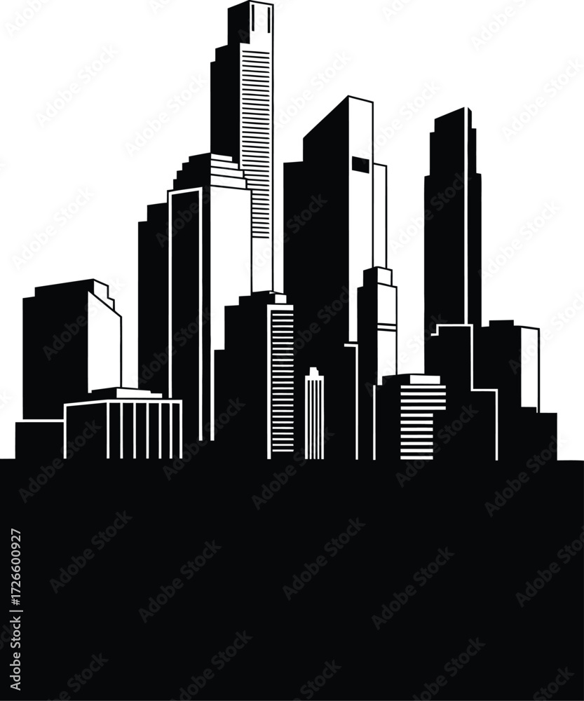 Fototapeta premium Abstract silhouette of a modern city skyline isolated on white background, showcasing architectural diversity and urban development in a stylized manner