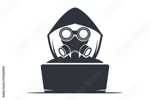 Dark figure wearing a hooded gas mask sits behind an open laptop screen