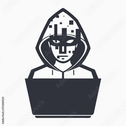 Dark figure with mask and hoodie working on a laptop appears suspicious