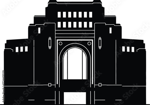 Silhouette of a building facade with art deco style, isolated on white background it has a large arched entrance