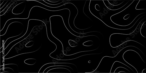 Black background with white contour lines forming abstract topographic map patterns and organic shapes for design