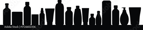 Silhouette of various cosmetic bottles and containers, isolated on white background, perfect for beauty and personal care product design