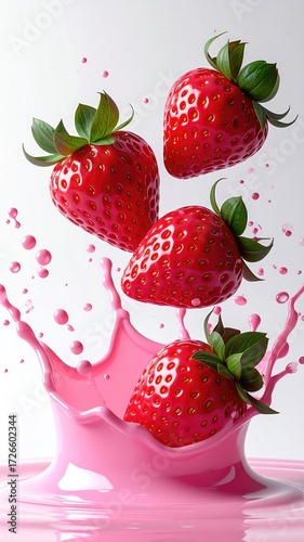 Fresh strawberries in a pink drink splash