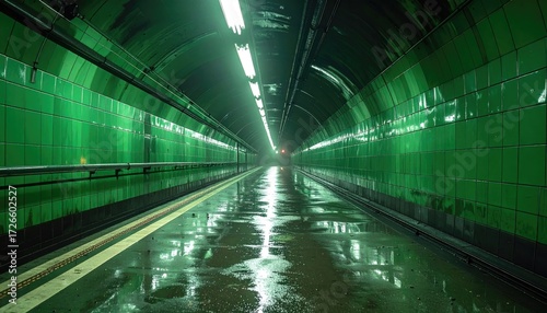 Dark, wet tunnel with vibrant green tiles