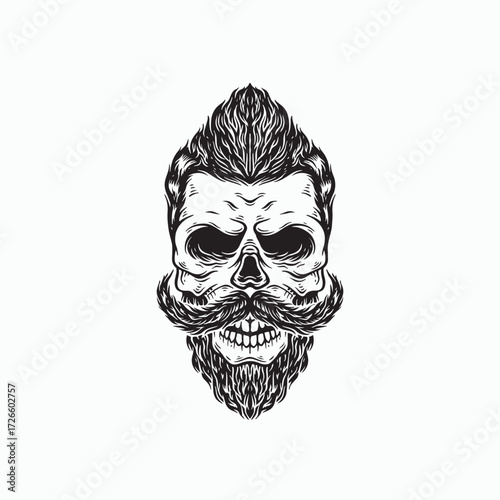 Edgy skull with a cool mohawk and beard, perfect for tattoo designs, rock band merchandise, or dark humor graphics projects needing vintage style