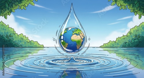 Artistic illustration depicting Earth inside a water droplet, symbolizing water conservation and the environment.