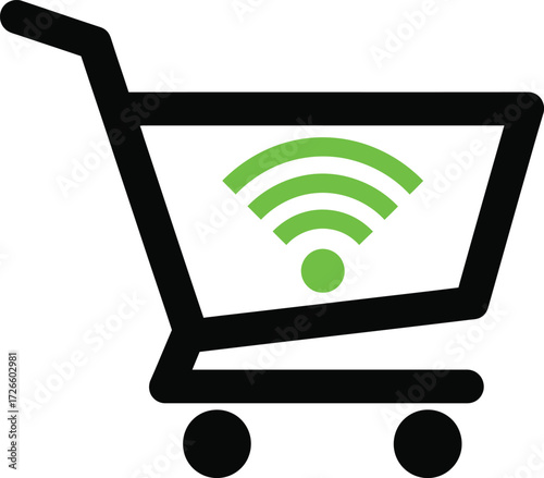 Shopping cart with wifi signal isolated on white background, representing online shopping and ecommerce with wireless connectivity for convenience