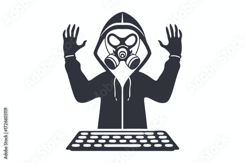 Dark monochrome hooded figure utilizes laptop while wearing a gas mask for protection