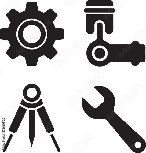 Engineering Tools Icon Set: Gear, Piston, Compass, Wrench

